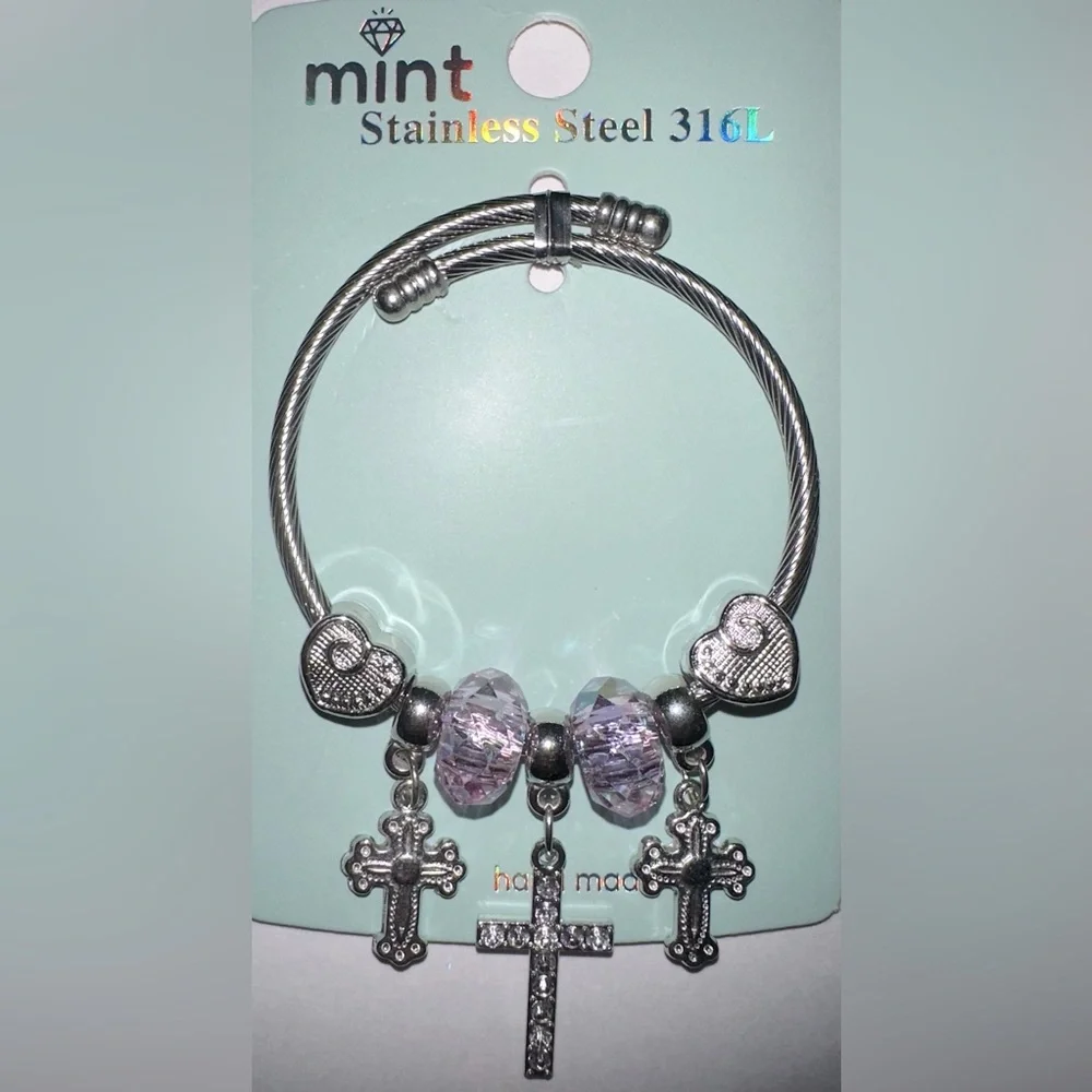 Mint Stainlees Steal Charm Bracelet with Divinity Cross, Hearts and Beads.
